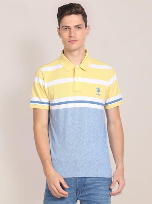 u.s. polo assn. yellow & light blue cotton slim fit striped polo t-shirt