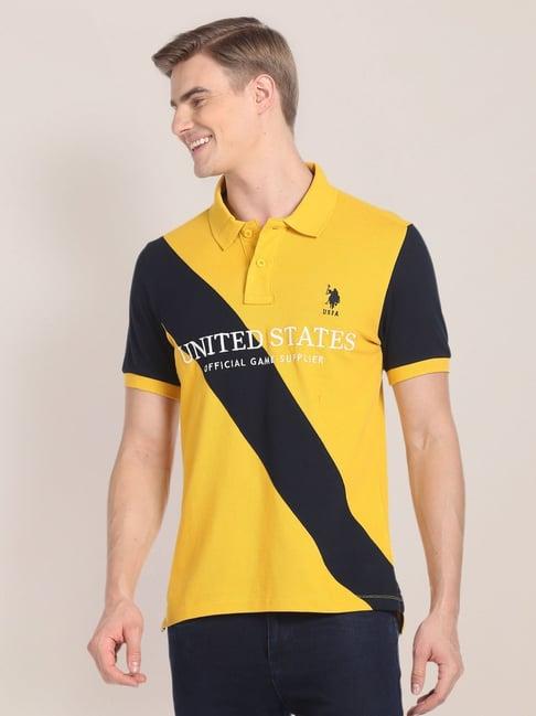 u.s. polo assn. yellow cotton slim fit self pattern polo t-shirt