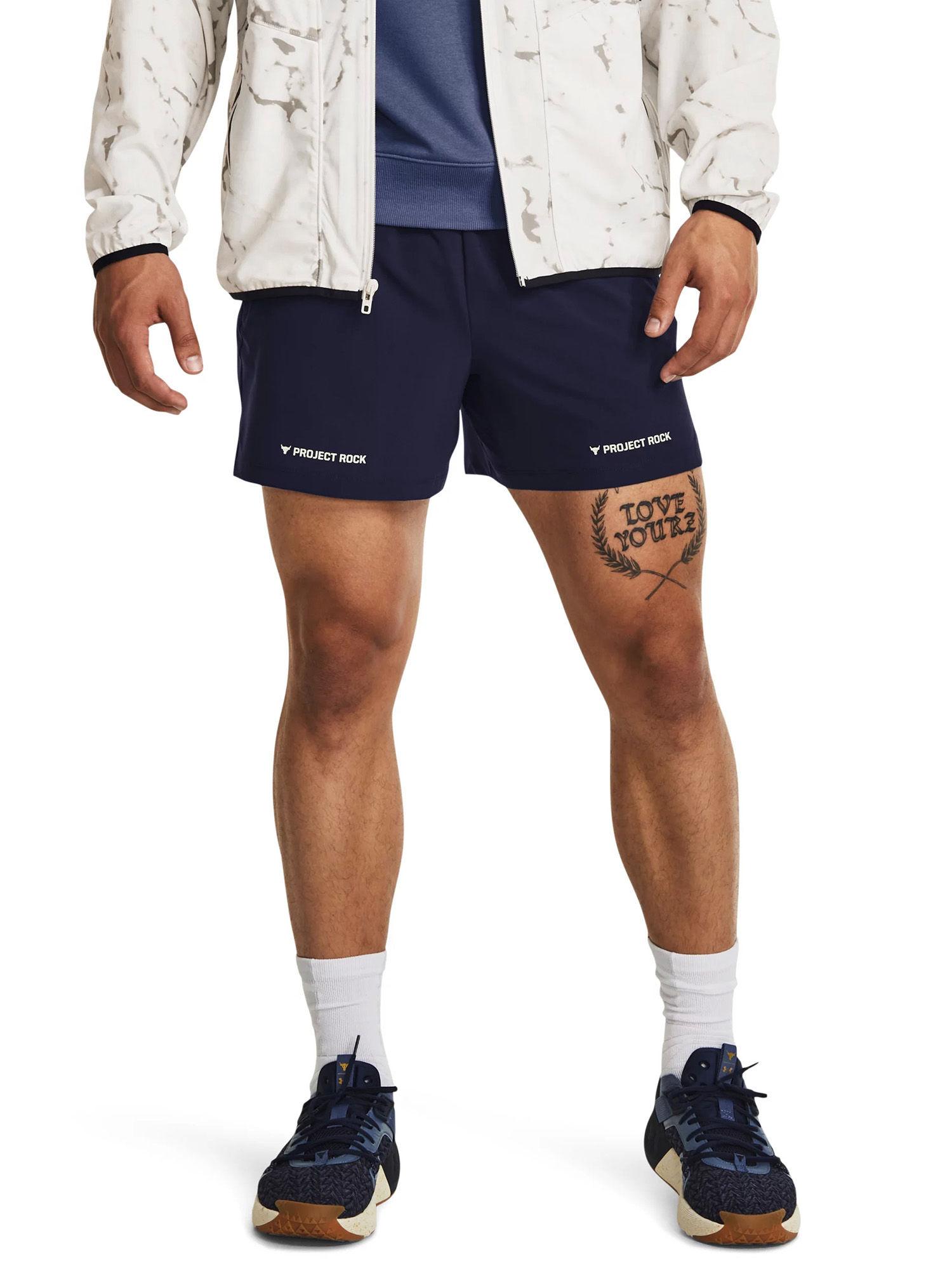 ua project rock 5" woven blue shorts