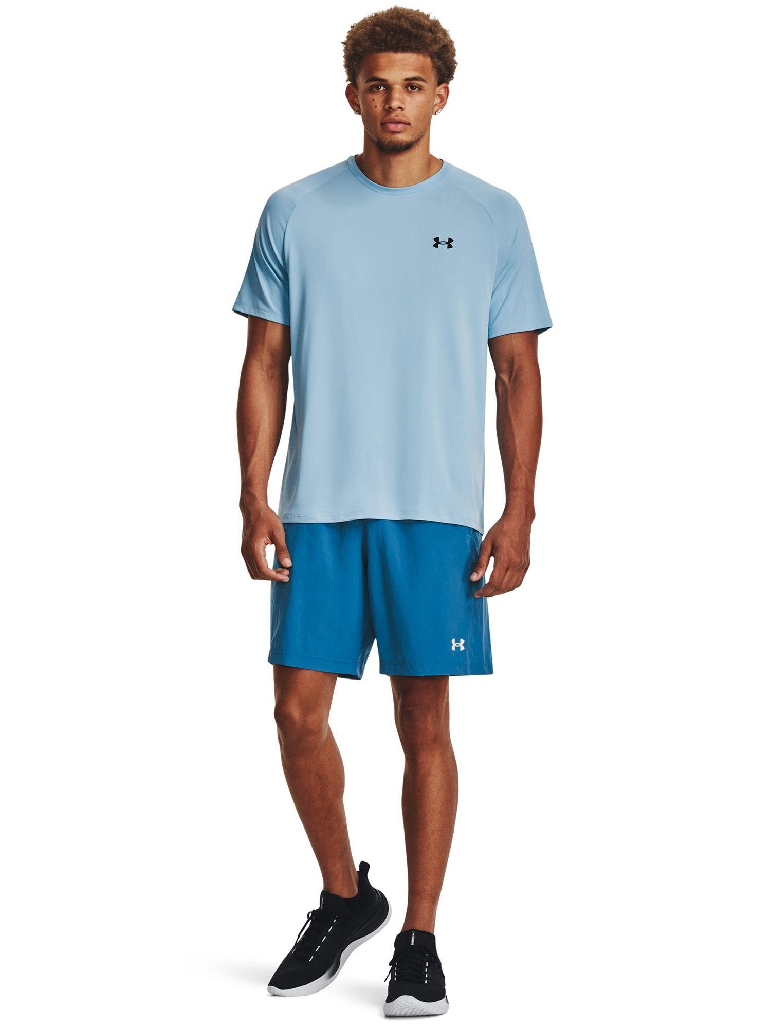 ua woven half back word mark blue shorts