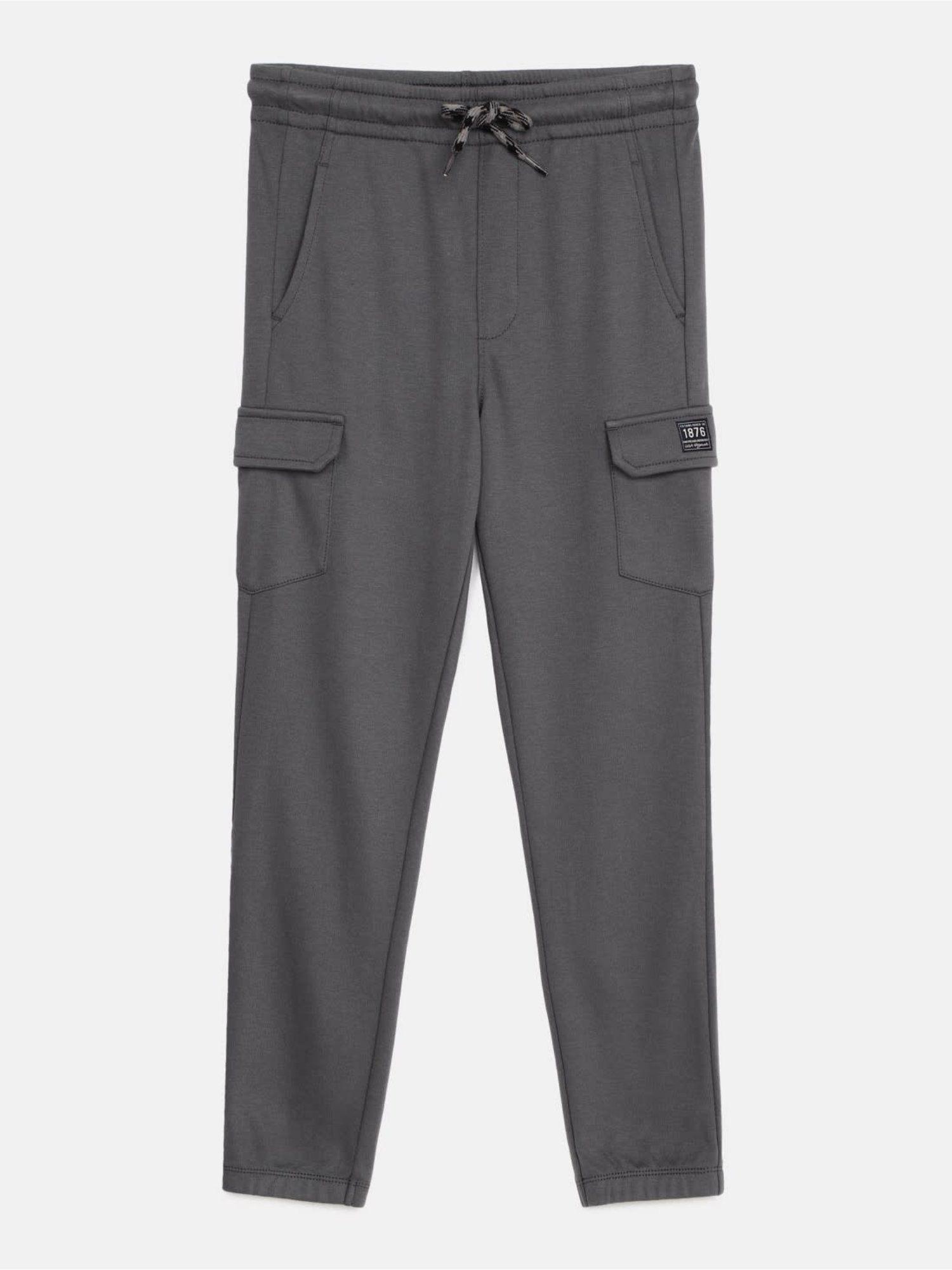 ub67 cotton rich cargo pants for boys with side pockets & drawstring grey