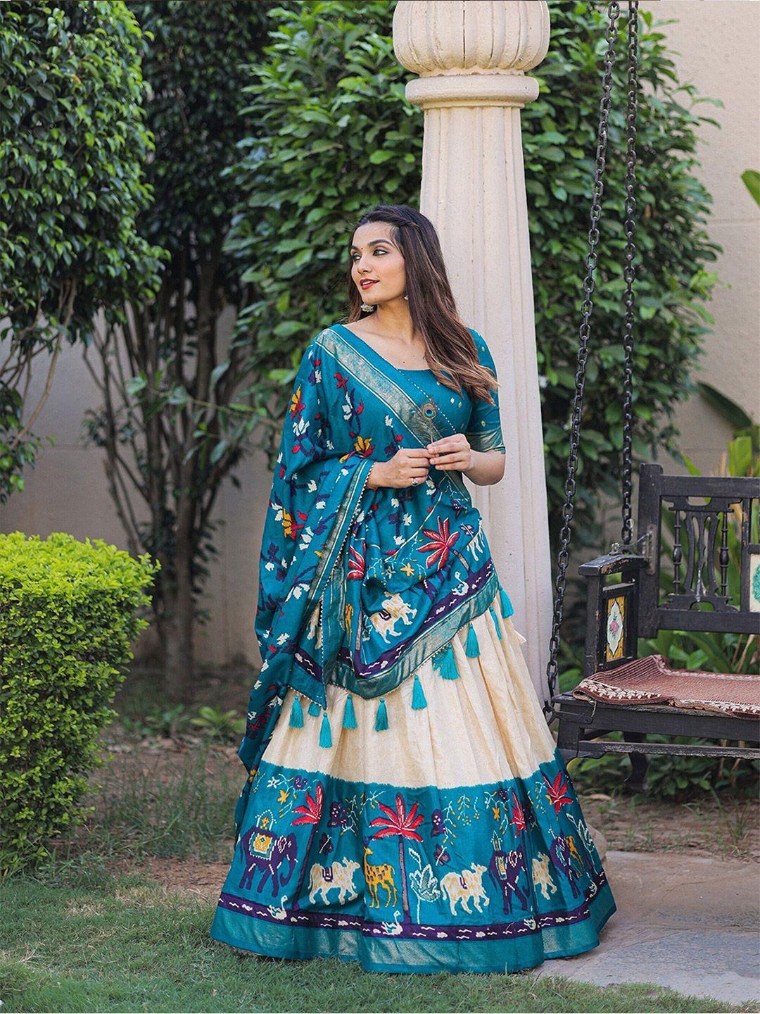 udbhav textile printed foil print semi-stitched lehenga & unstitched blouse with dupatta
