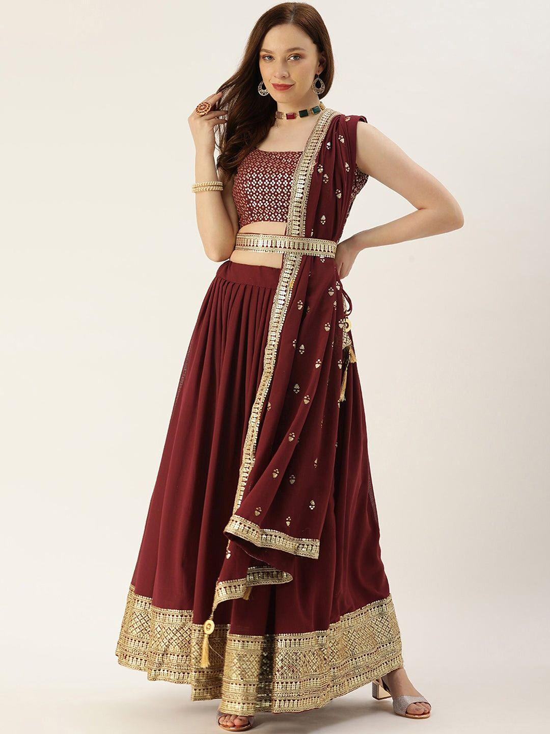 udbhav textile brown & gold-toned embellished sequinned semi-stitched lehenga & unstitched blouse with