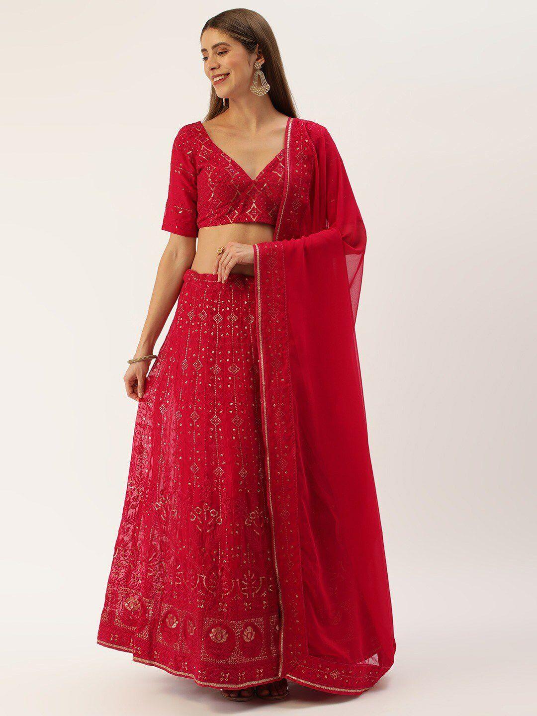 udbhav textile maroon & gold-toned embroidered sequinned semi-stitched lehenga & unstitched blouse with