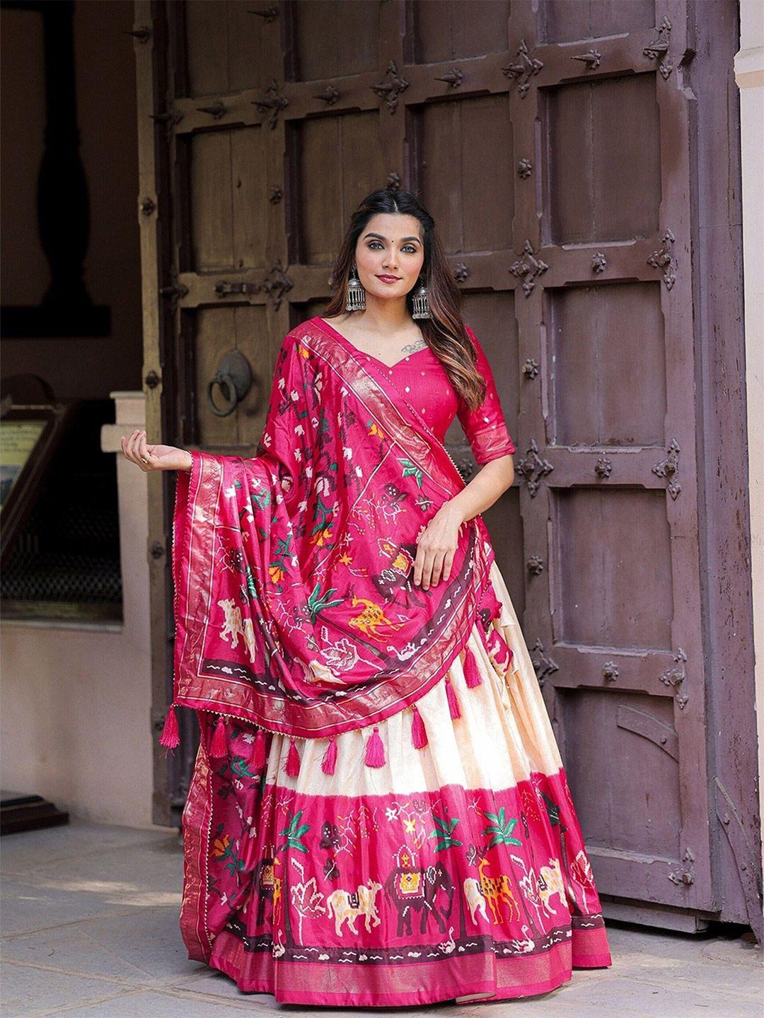 udbhav textile printed foil print semi-stitched lehenga & unstitched blouse with dupatta