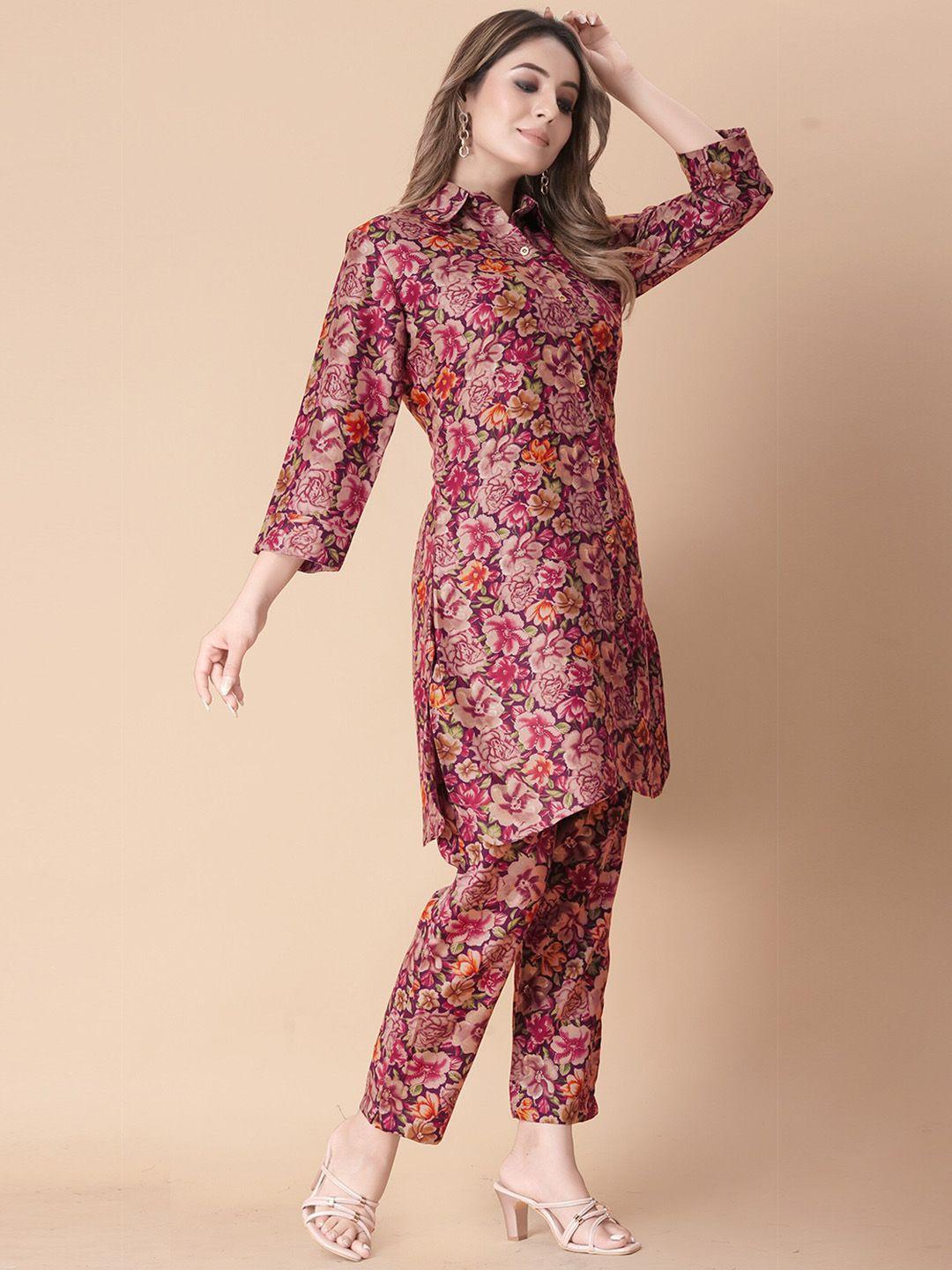 udbhav textile printed shirt collar tunic with trousers