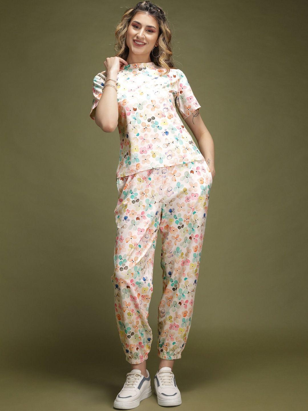 udbhav textile printed t-shirt & trousers co-ords