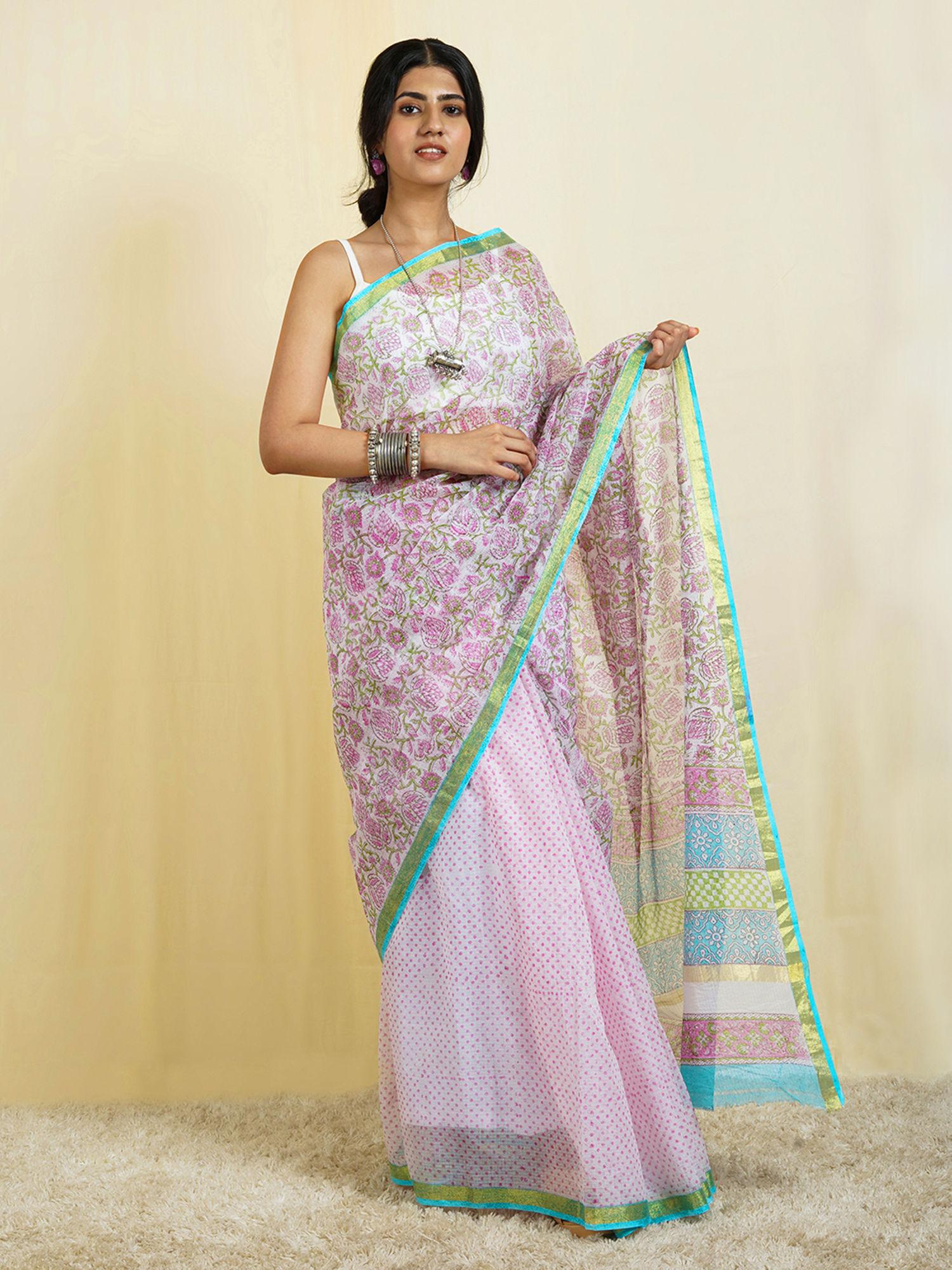 udipti pink block print kota saree with unstitched blouse