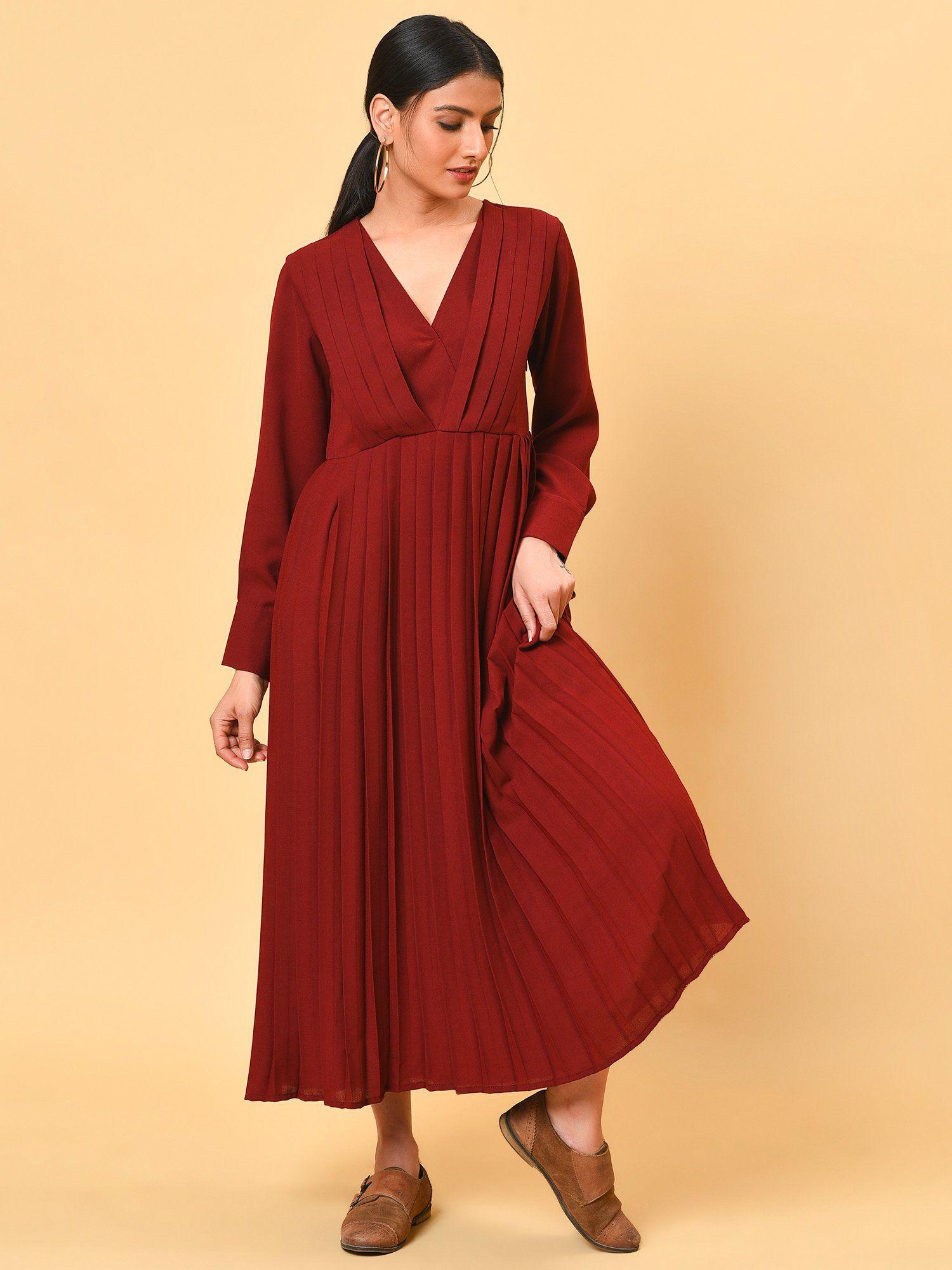 ulta chic in the maroon pleated long dress