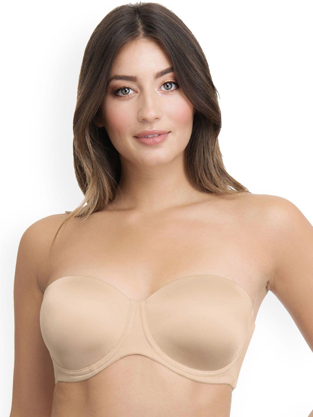 ultimo beige solid underwired lightly padded strapless bra e0006