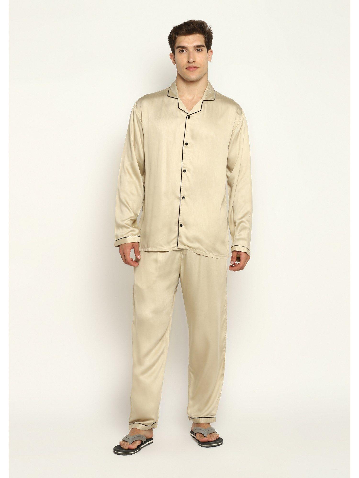 ultra soft beige modal satin long sleeve men night suit (set of 2)