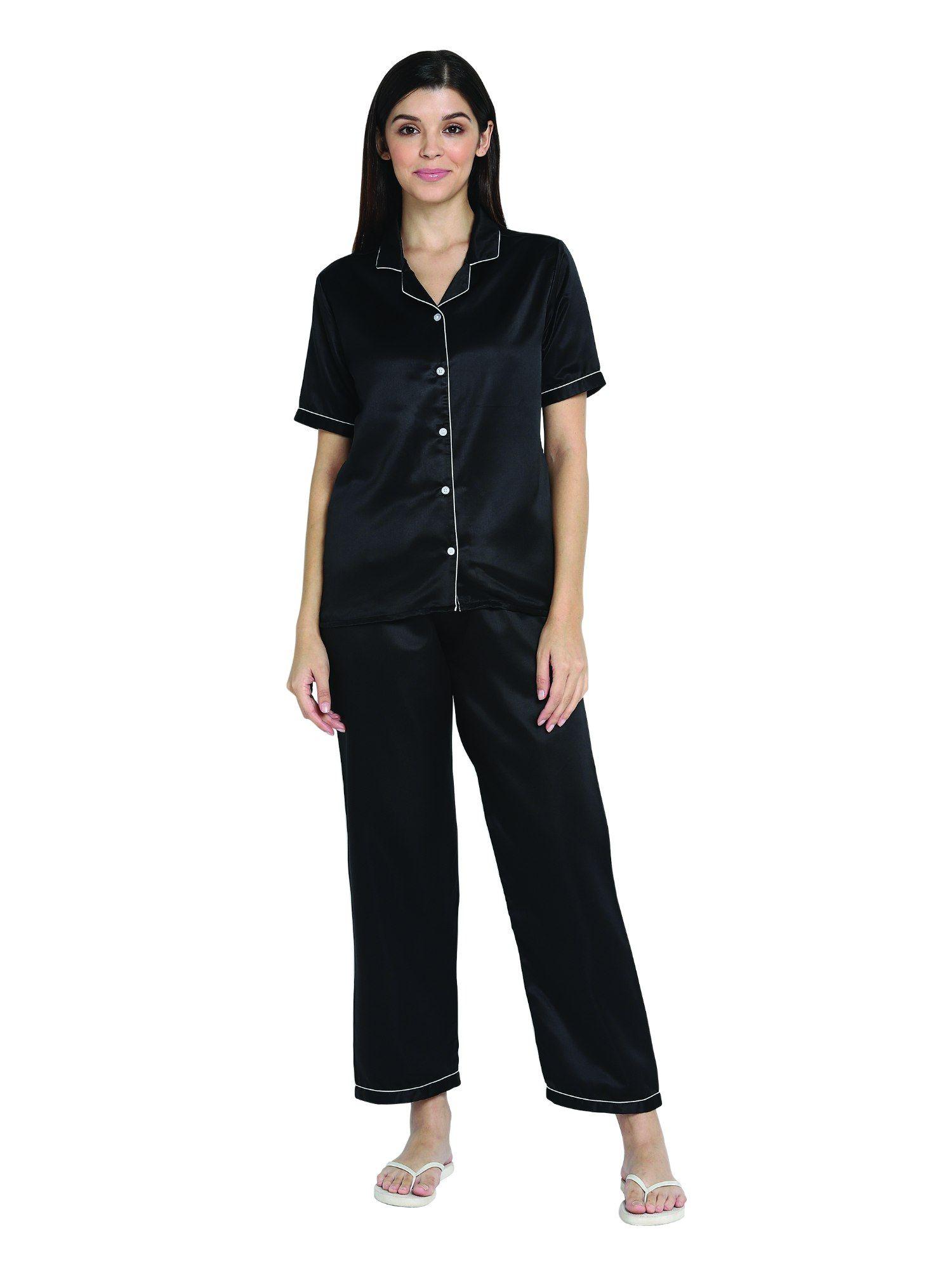 ultra soft modal satin black & white herringbone short sleeve pajama set