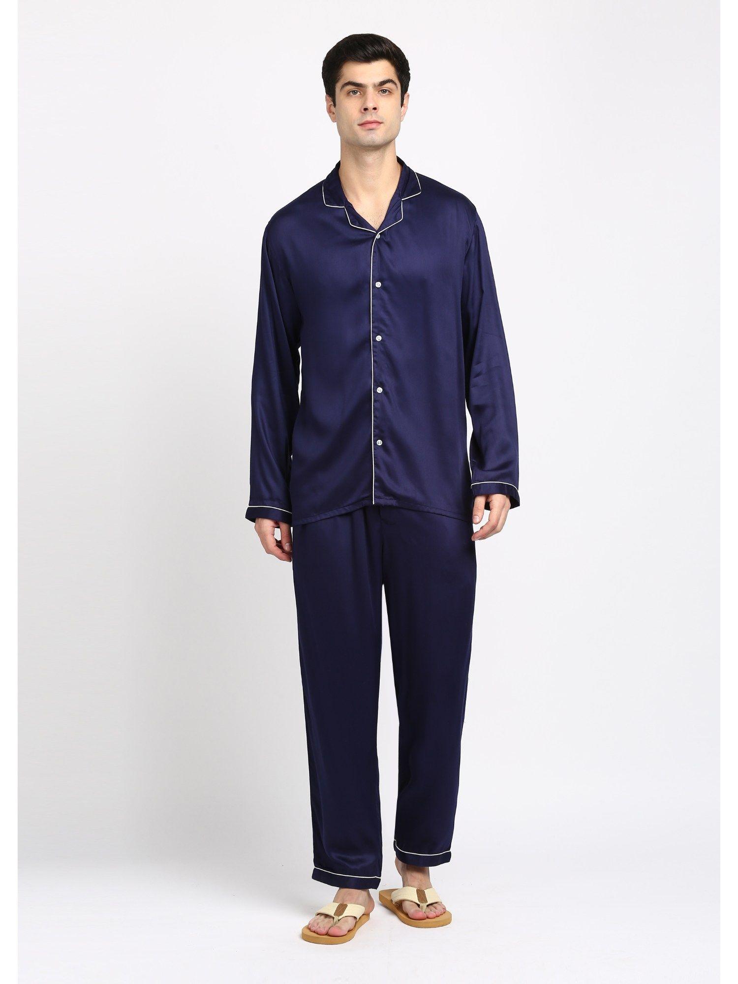 ultra soft navy blue modal satin long sleeve men night suit (set of 2)