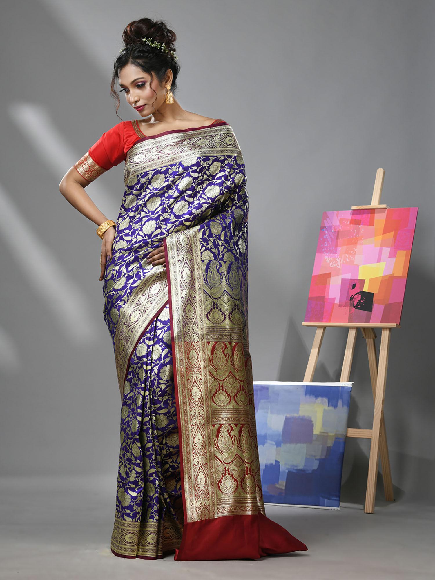 ultra blue silk banarasi saree with zari woven designs & unstitched blouse