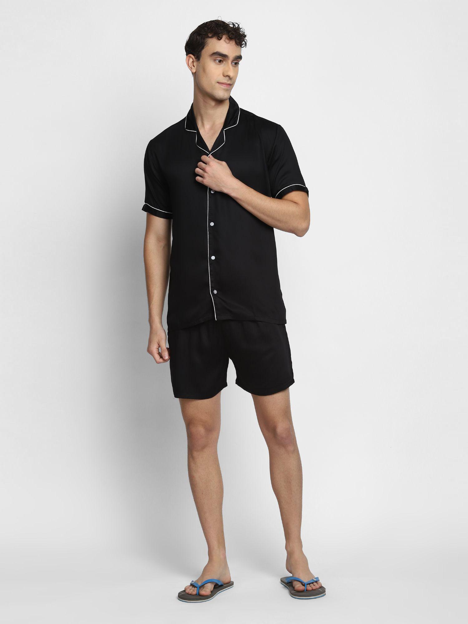ultra soft black modal satin short sleeve mens shorts set