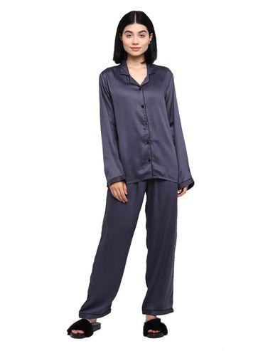 ultra soft dark grey modal satin long sleeve women's night suit |lounge wear