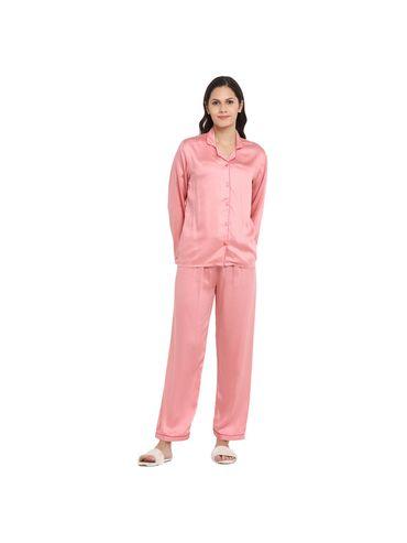 ultra soft modal satin long sleeve women's night suit| lounge wear - pink