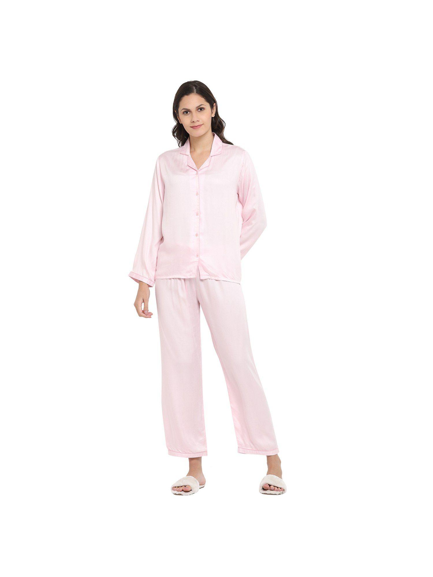 ultra soft modal satin long sleeve women's night suit| lounge wear- pink