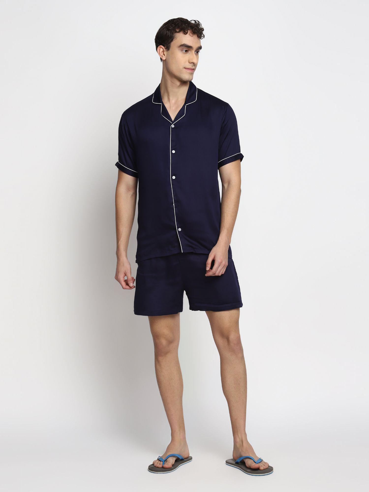 ultra soft navy modal satin short sleeve mens shorts set