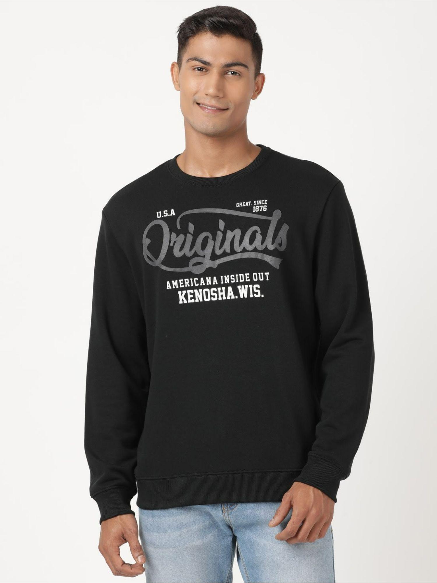 um51 mens cotton rich french terry printed sweatshirt with ribbed cuffs-black