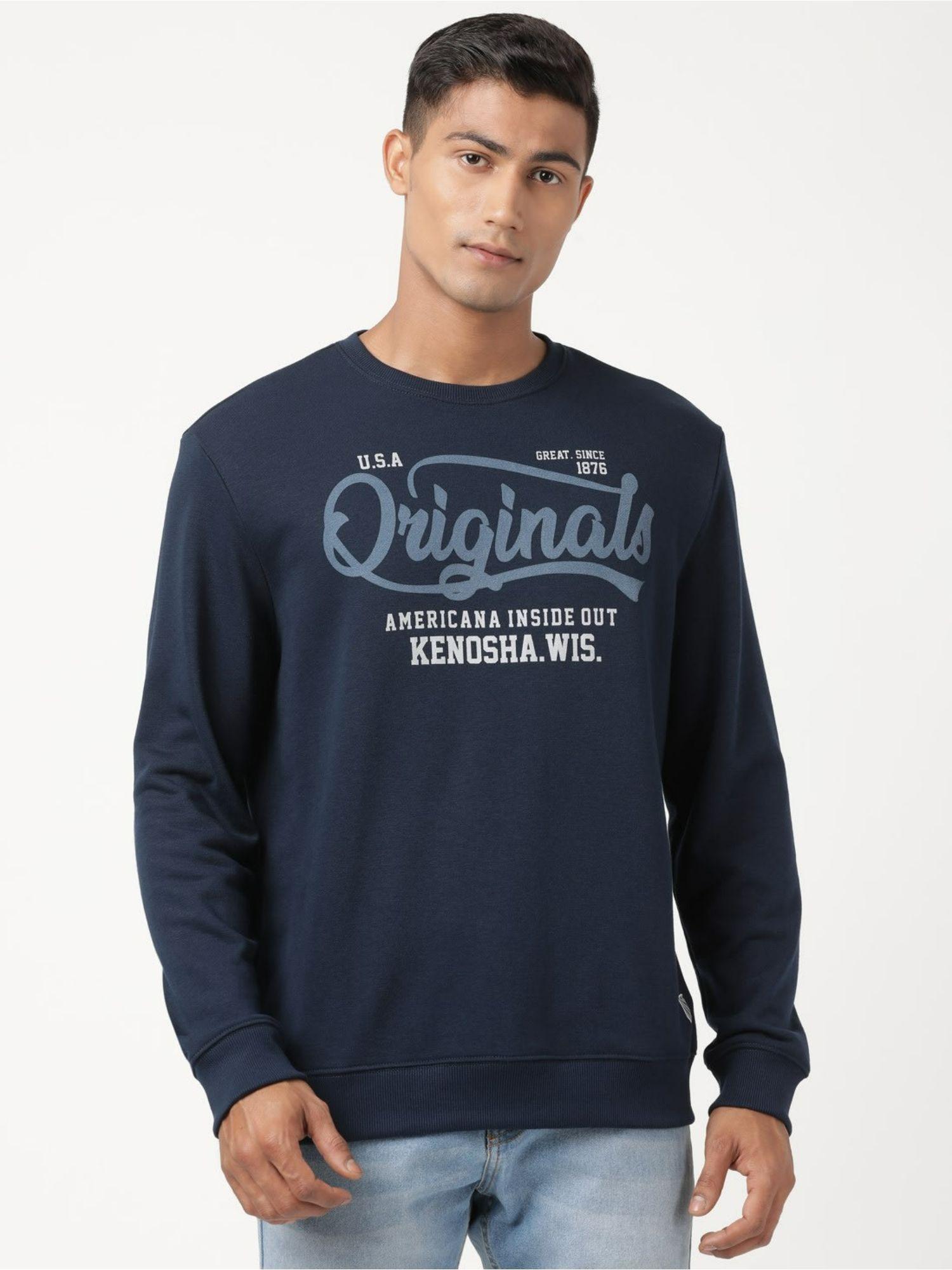 um51 mens cotton rich french terry printed sweatshirt with ribbed cuffs-blue