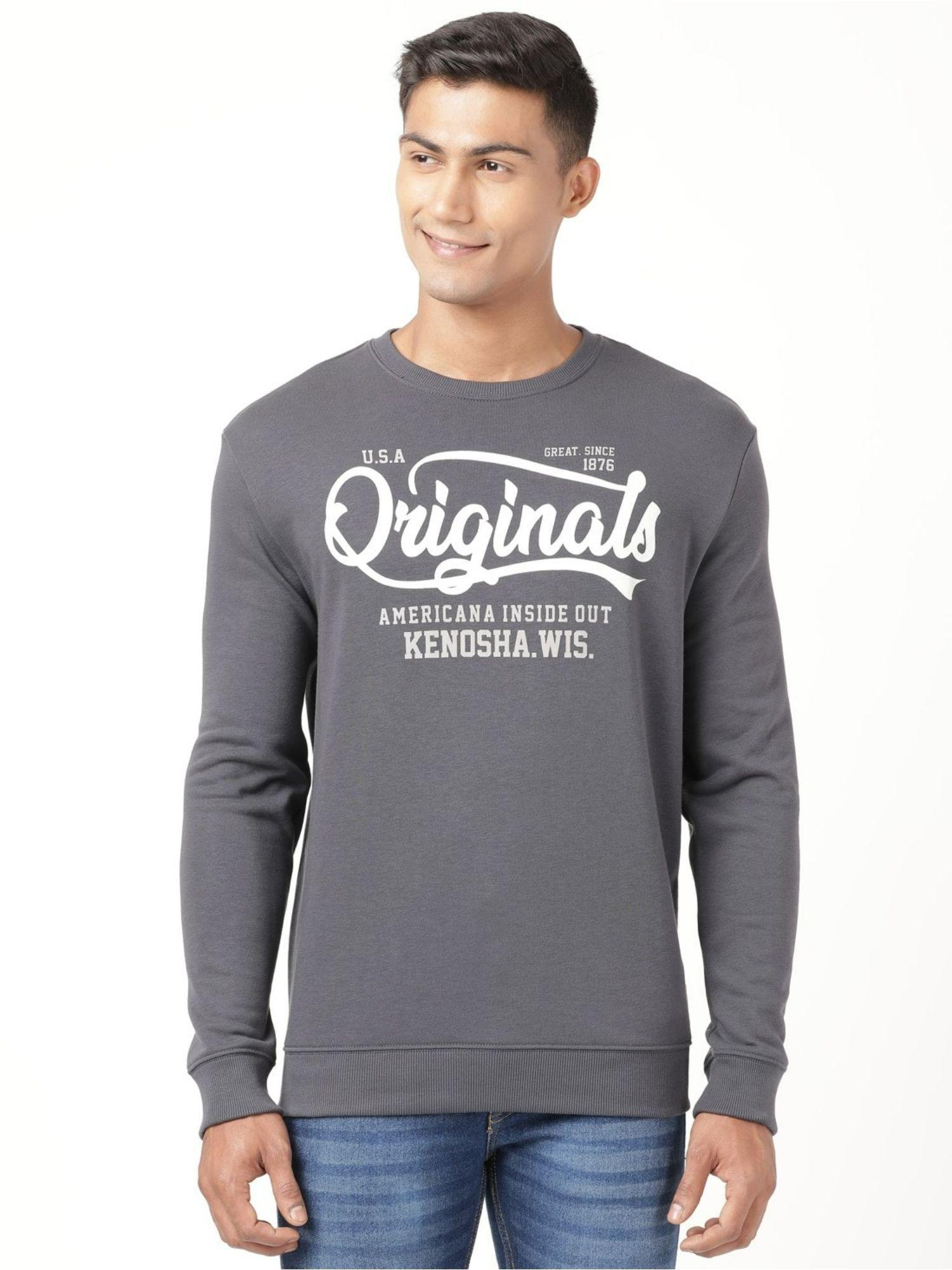 um51 mens cotton rich french terry printed sweatshirt with ribbed cuffs-grey