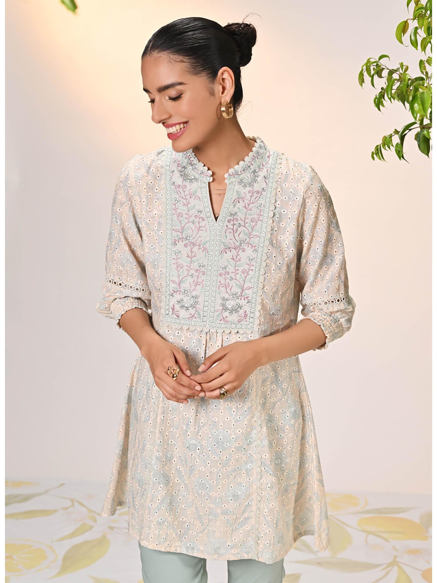 umang cream with blue embroidered schiffli kurti for women