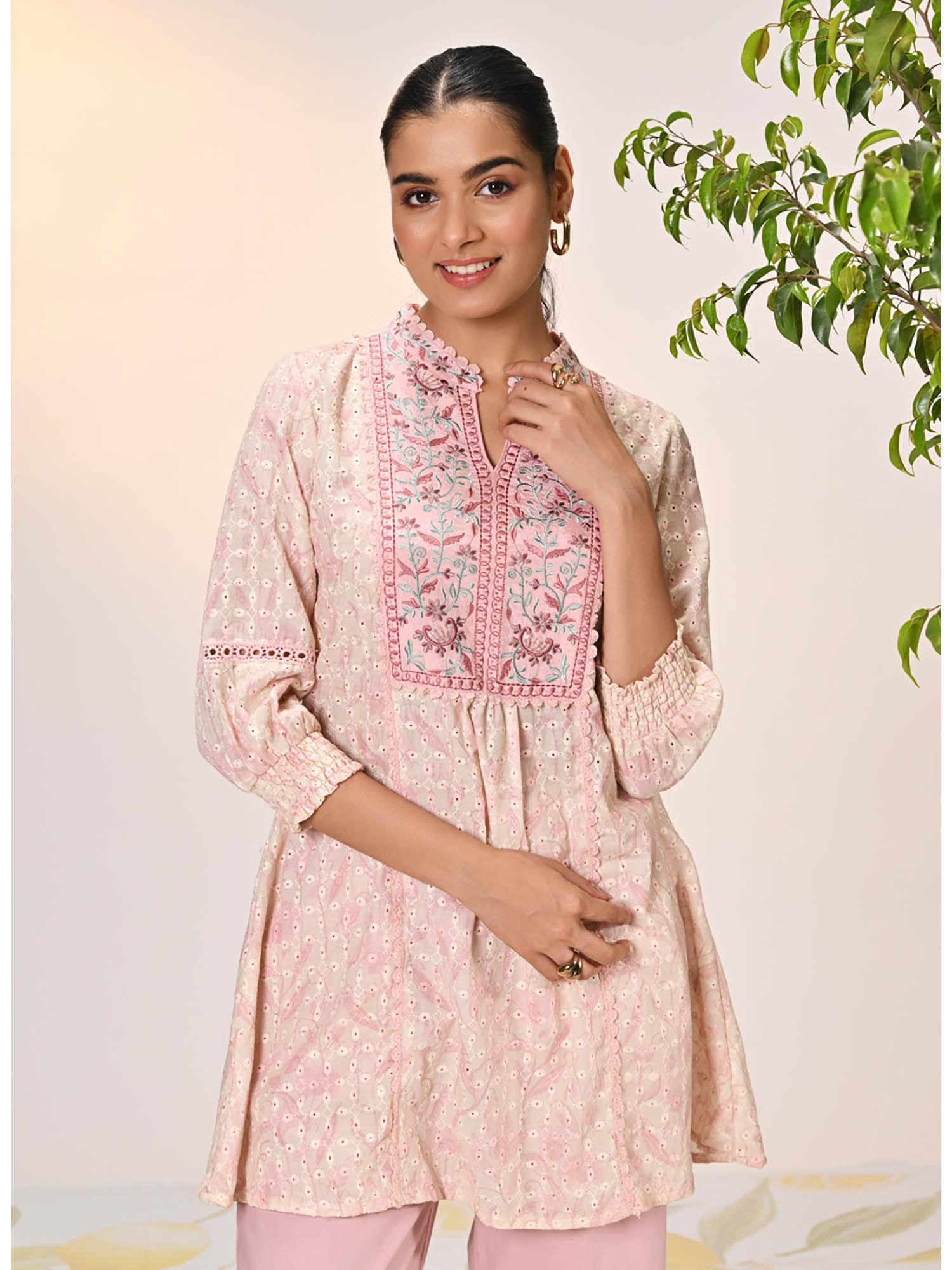 umang cream with pink embroidered schiffli kurti for women