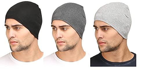 umani® cotton poly blend skull cap for men and women/helmet cap/multipurpose running, jogging outdoor skull cap (3-hc 3pc blk,l grey & d grey)