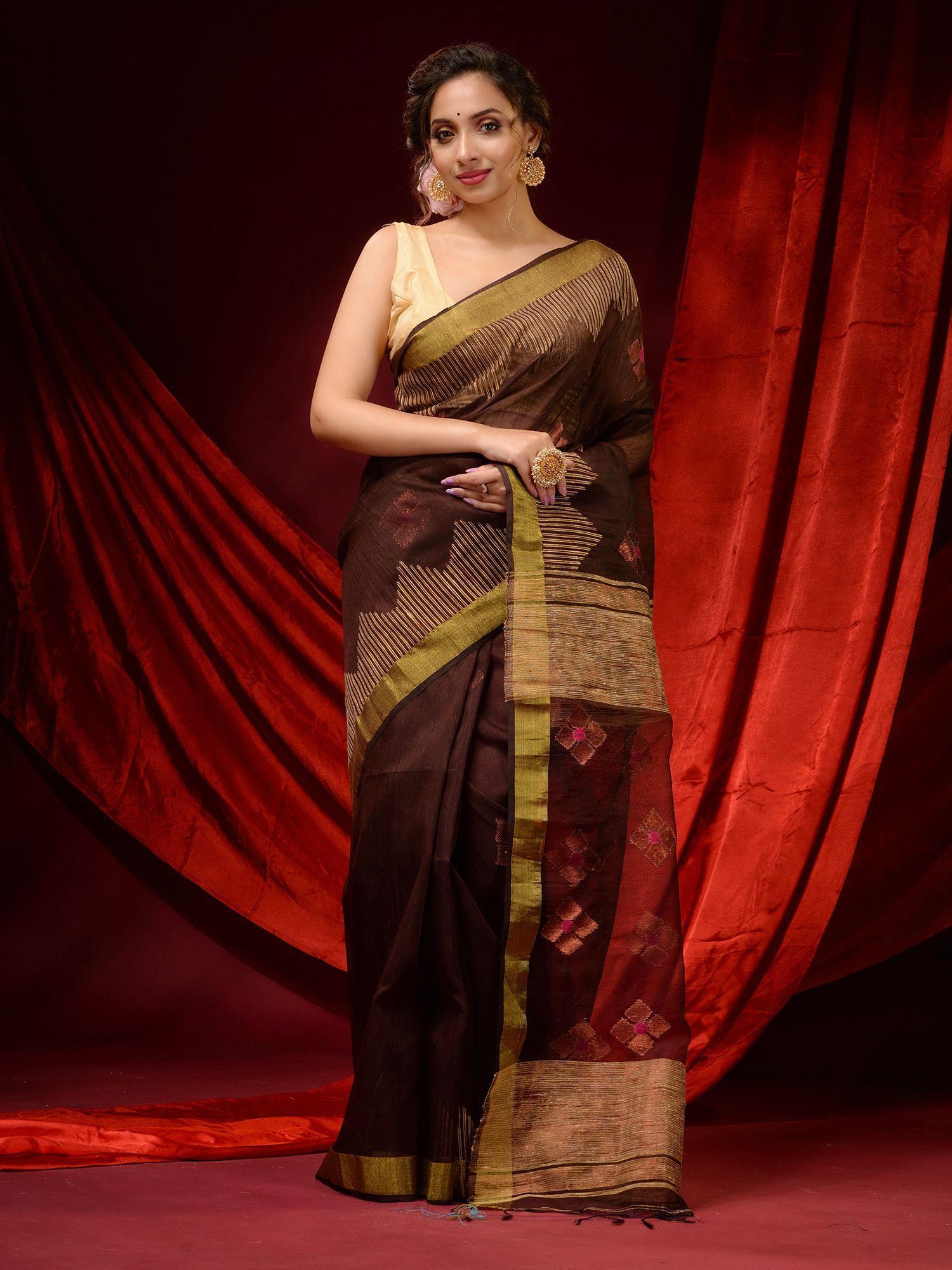 umber brown linen temple borders and woven floral motifs saree with unstitched blouse