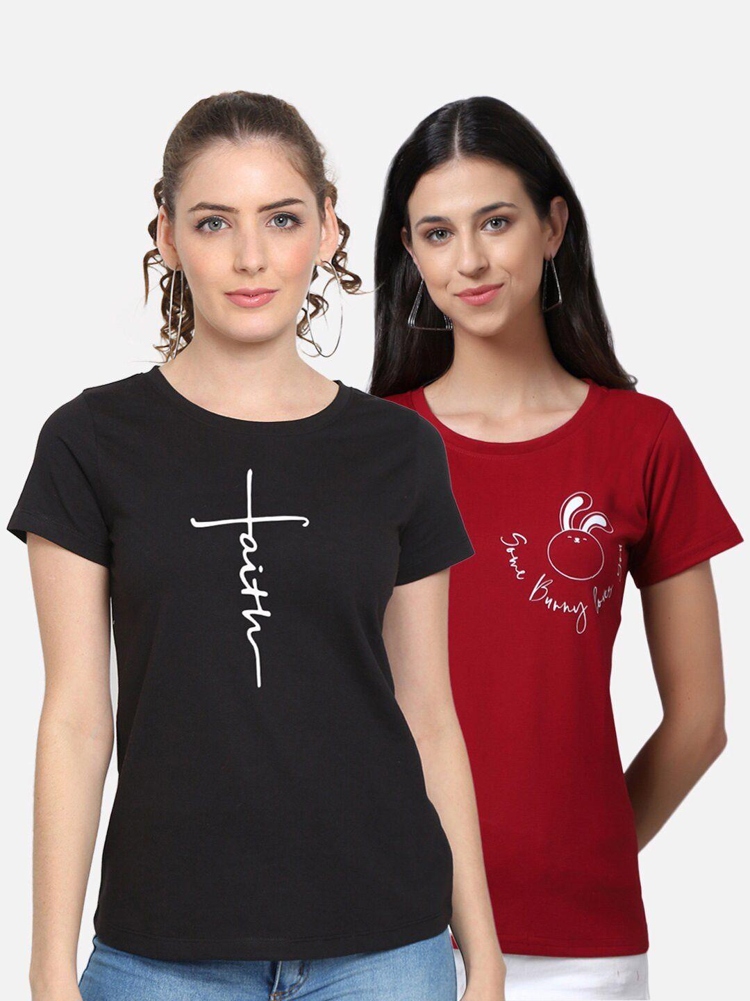 unaone women black & maroon pack of 2 pure cotton typography printed t-shirt