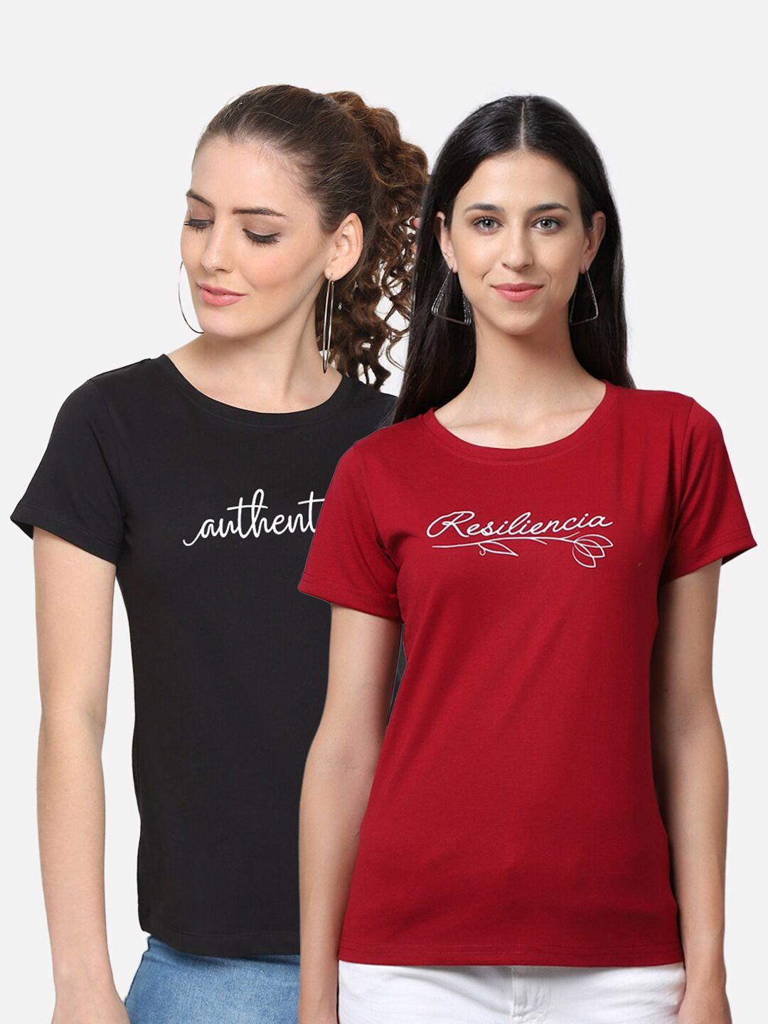 unaone women maroon & black typography 2 cotton printed t-shirt