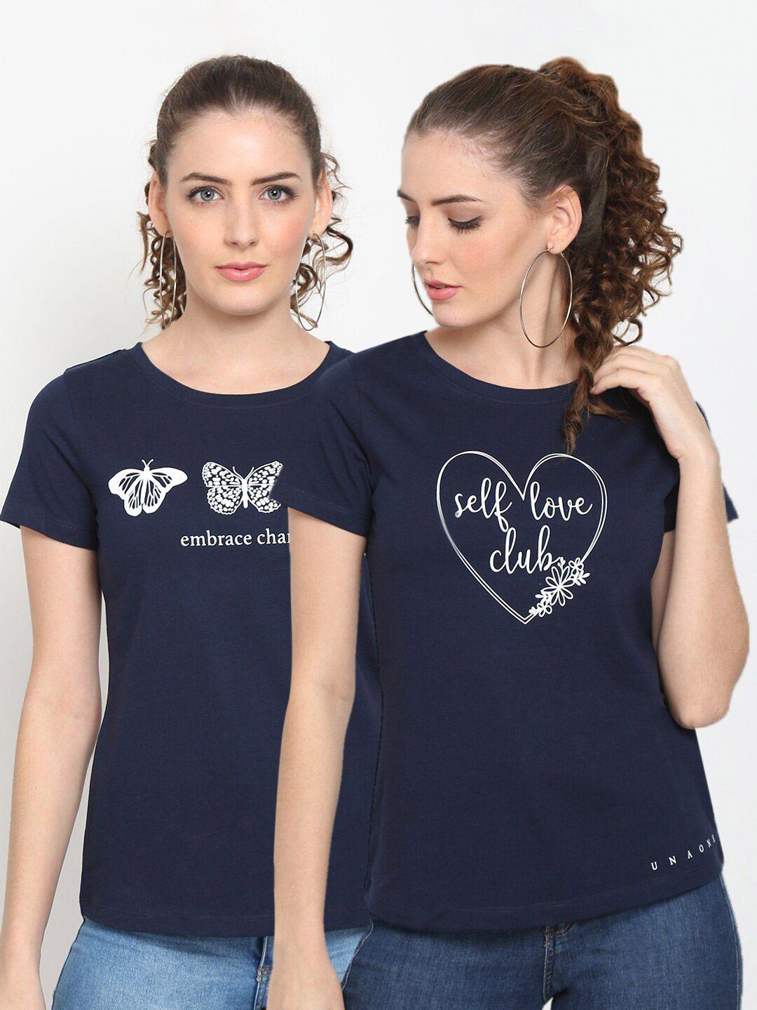 unaone women navy blue pack of 2 printed t-shirts