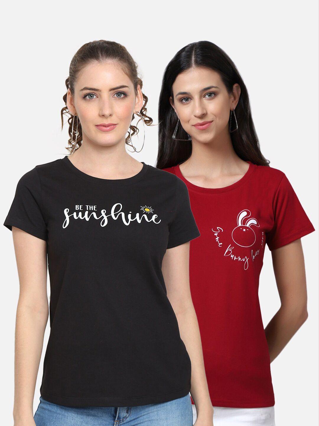 unaone women pack of 2 black & maroon typography printed cotton t-shirt