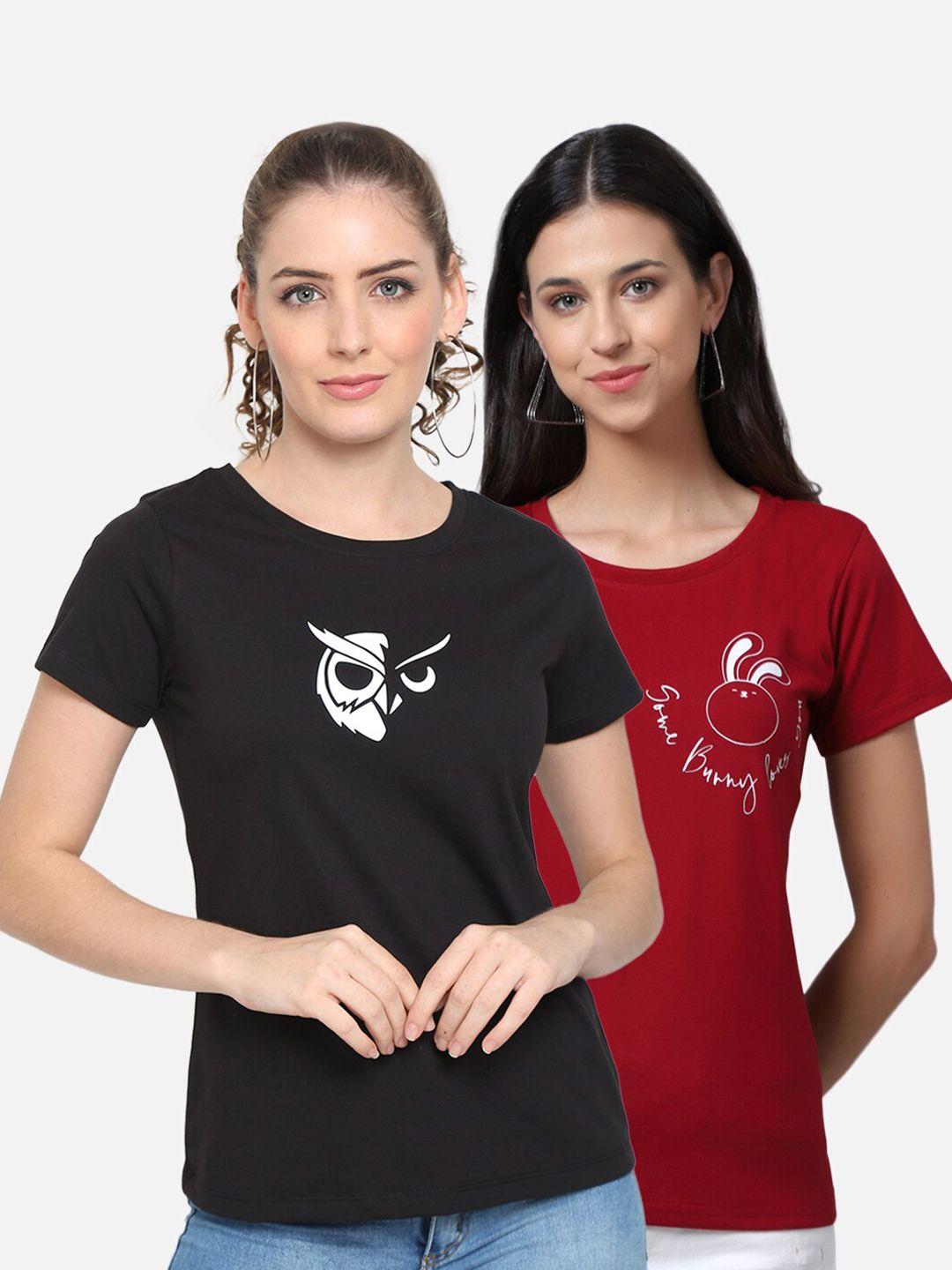 unaone women pack of 2 maroon & black printed pure cotton t-shirt