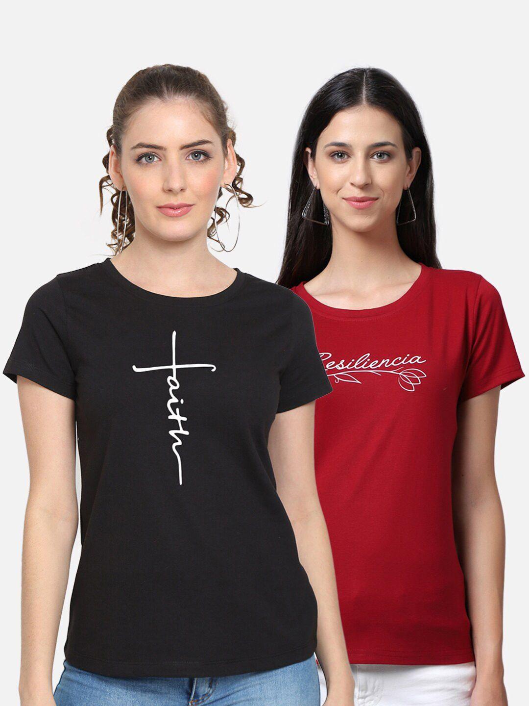 unaone women pack of 2 maroon & black typography 2 printed pure cotton t-shirt