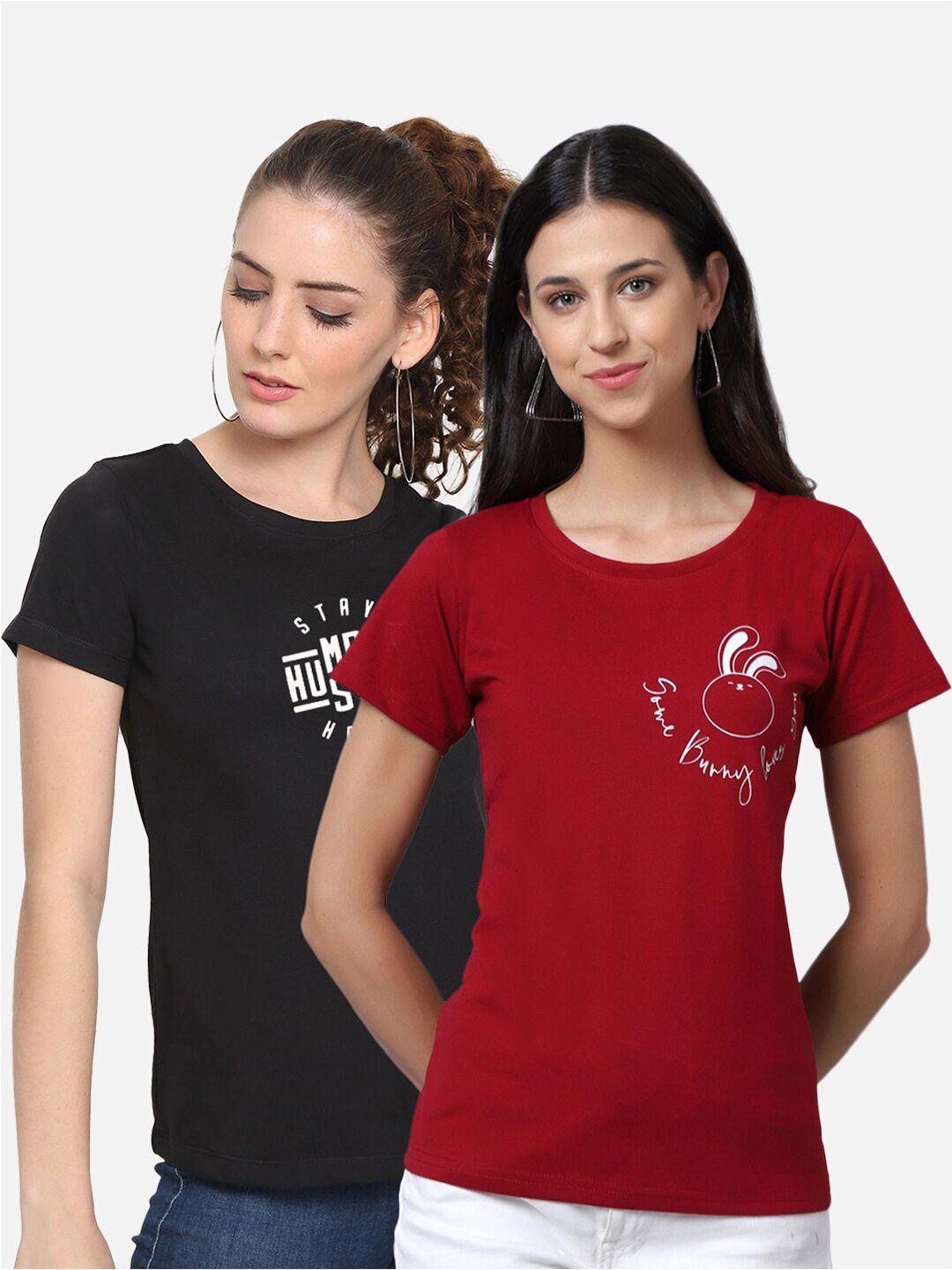unaone women pack of 2 maroon & black typography printed pure cotton t-shirt