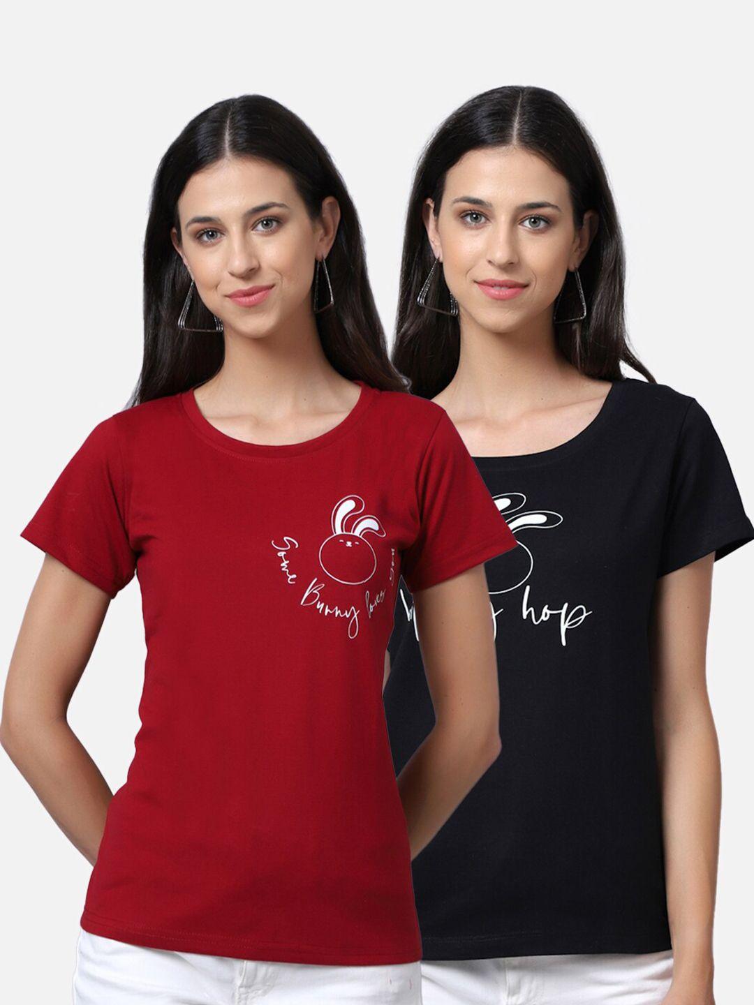 unaone women pack of 2 maroon & black typography printed t-shirt