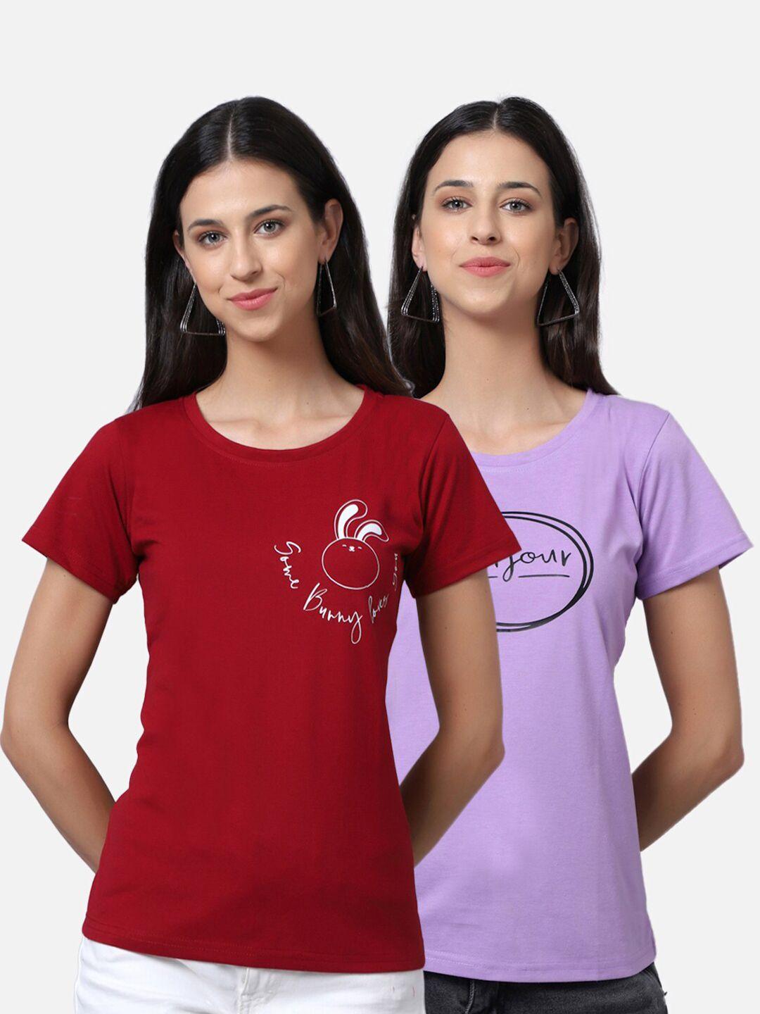 unaone women pack of 2 maroon & purple printed pure cotton t-shirt