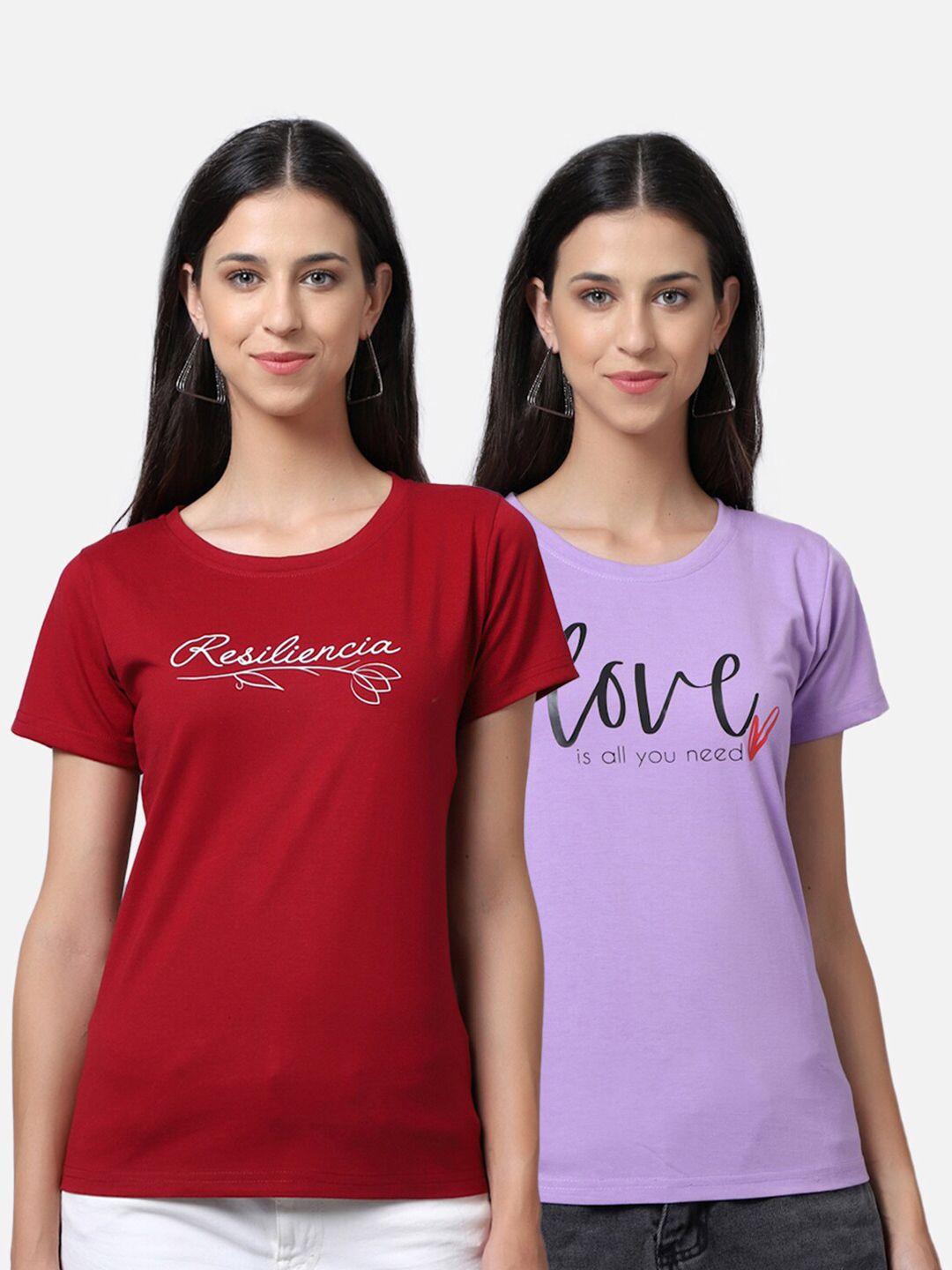 unaone women pack of 2 maroon & purple typography printed pure cotton t-shirt