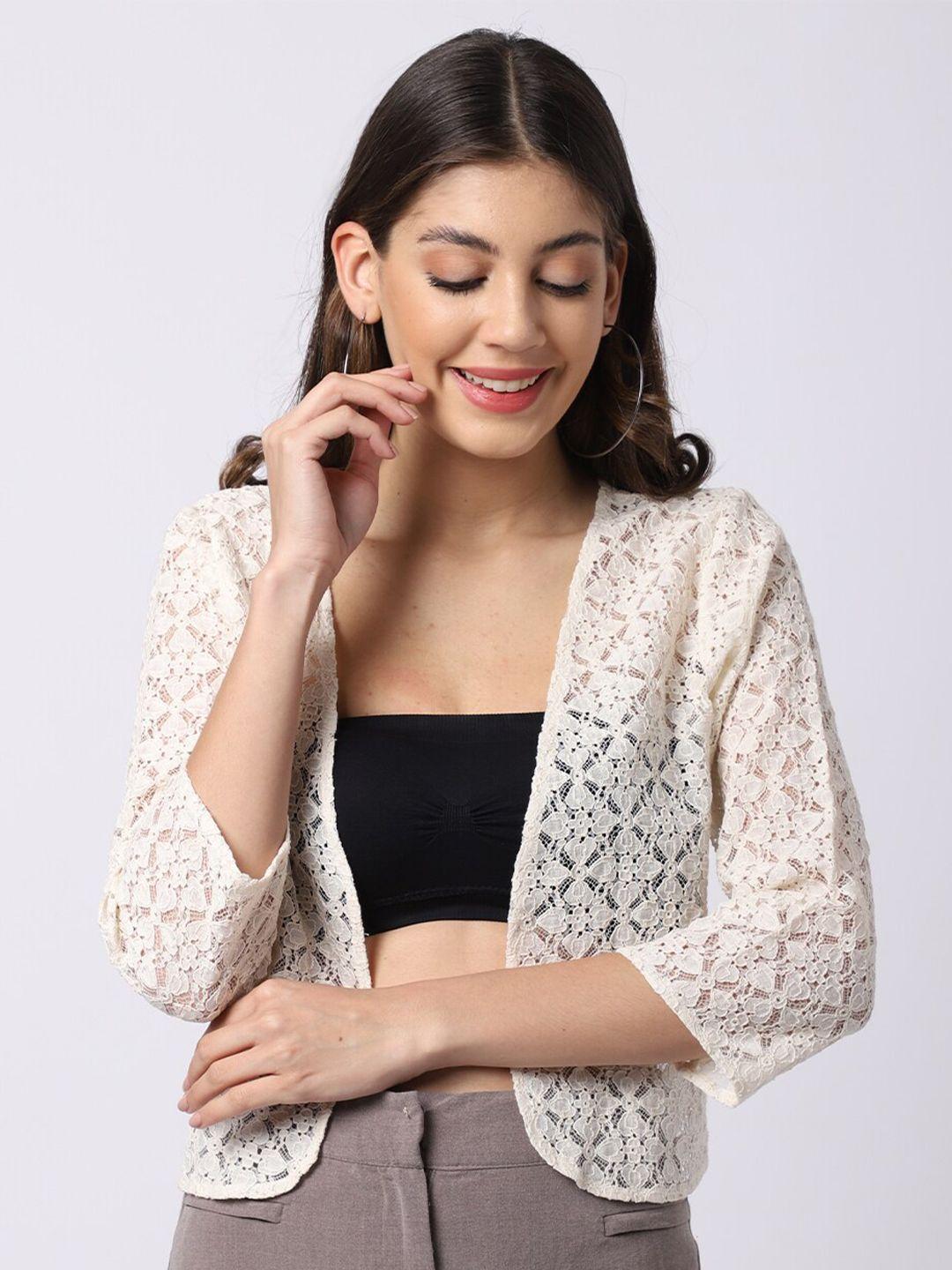 unaone women self design cotton lace open front shrug