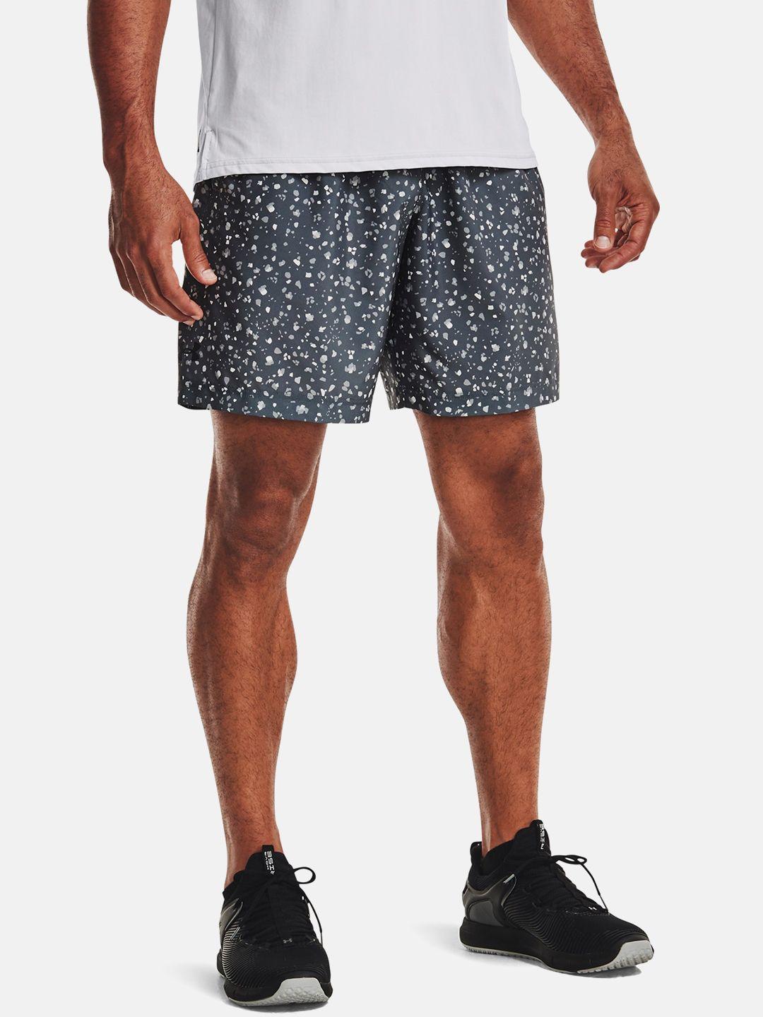 under armour men charcoal grey & white printed training adapt woven sports shorts