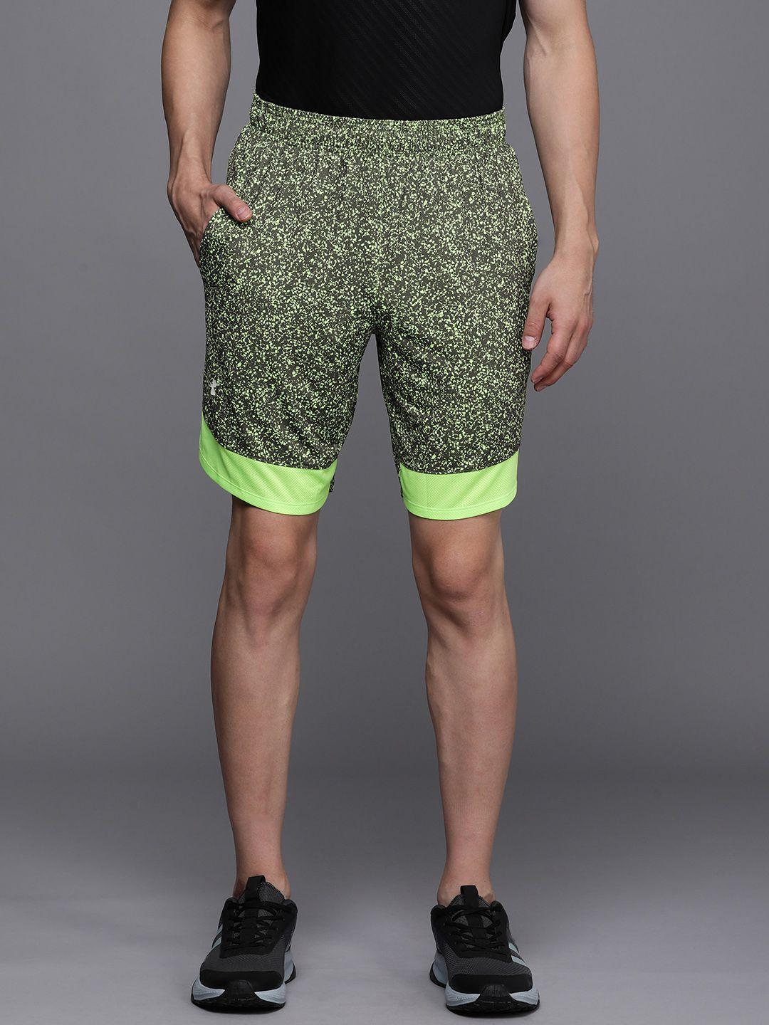 under armour men grey & lime green printed training or gym sports shorts