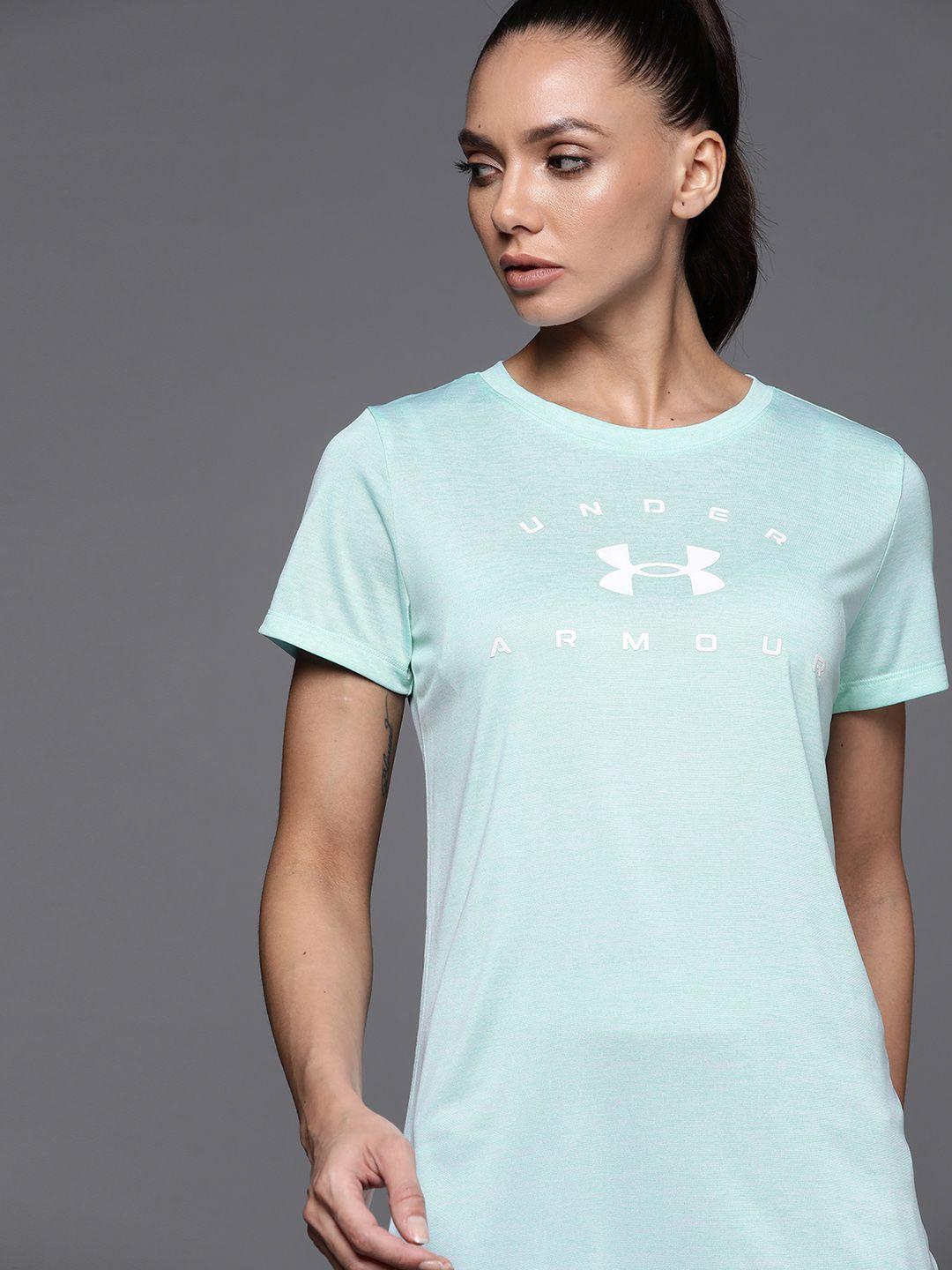 under armour women blue & white tech twist arch brand logo printed oversized t-shirt