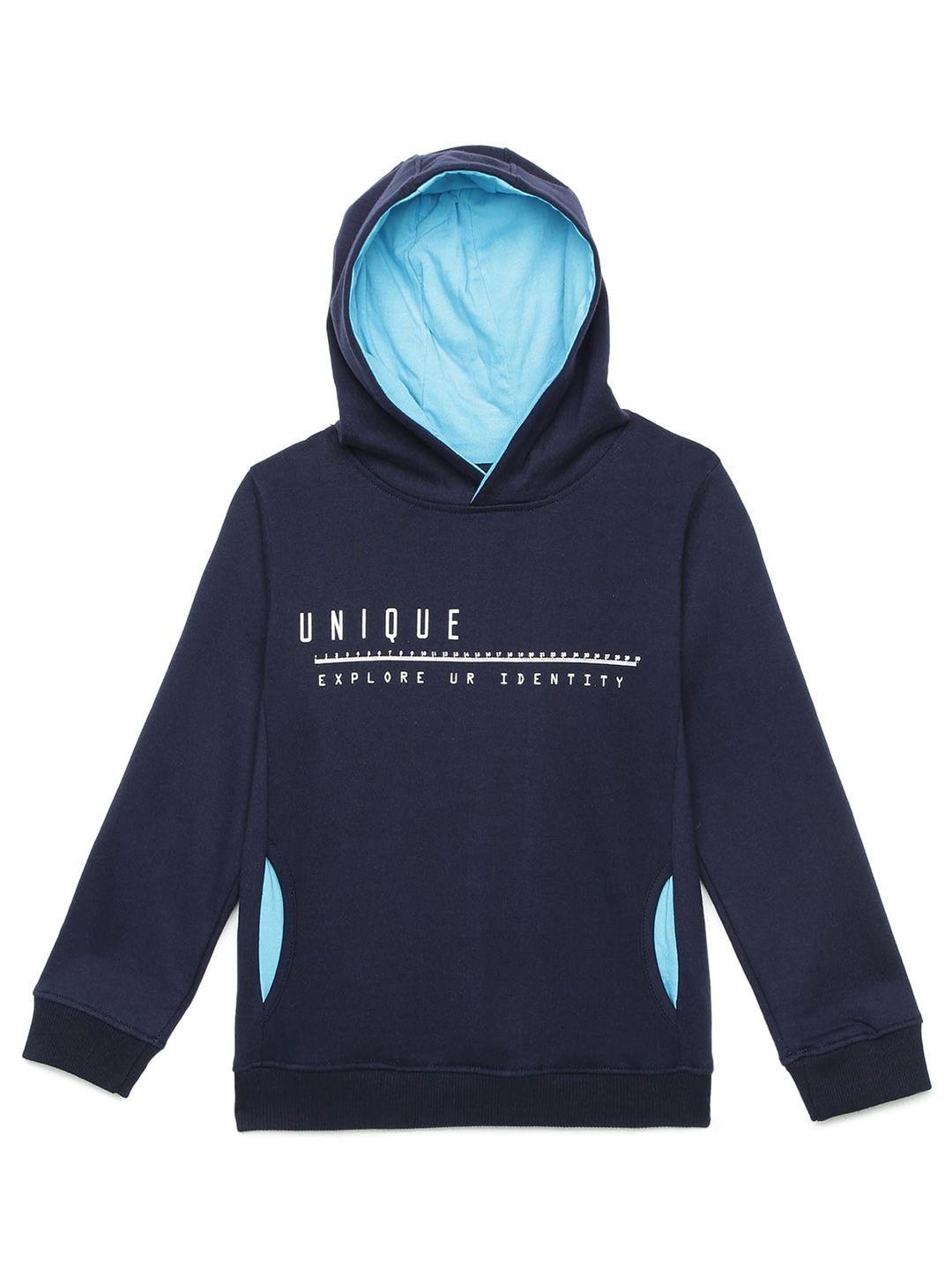 under fourteen only boys navy blue typography printed cotton hooded sweatshirt