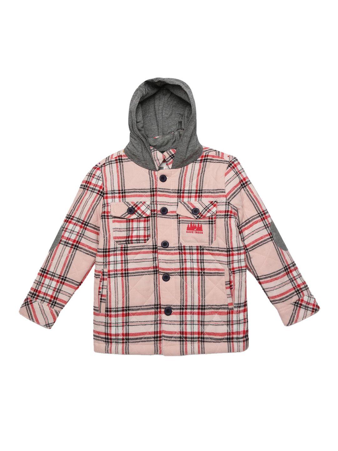 under fourteen only boys peach-coloured checked longline open front jacket with embroidered