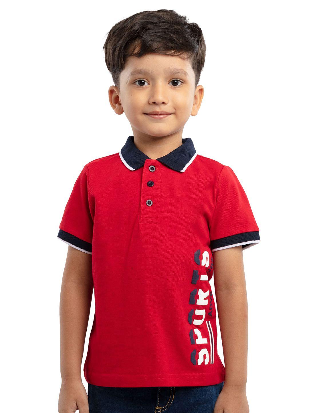 under fourteen only boys red typography polo collar applique t-shirt
