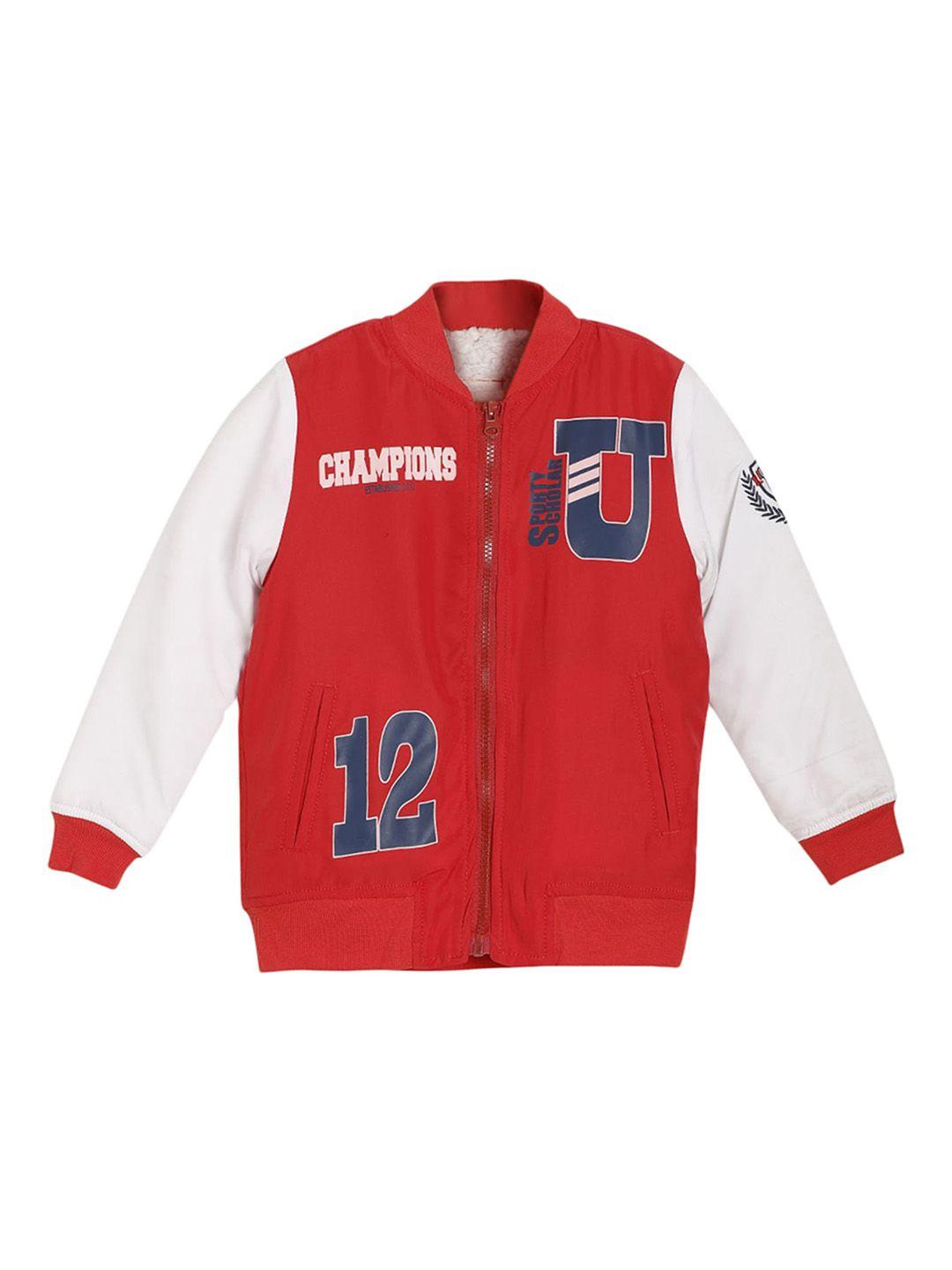 under fourteen only boys red white typography open front jacket