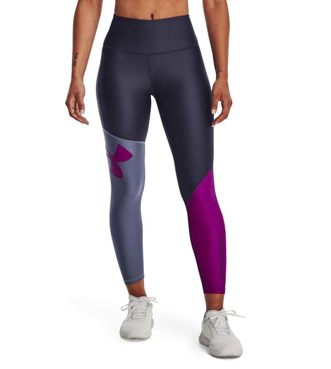 under armour grey & purple color-block ankle length sports leggings