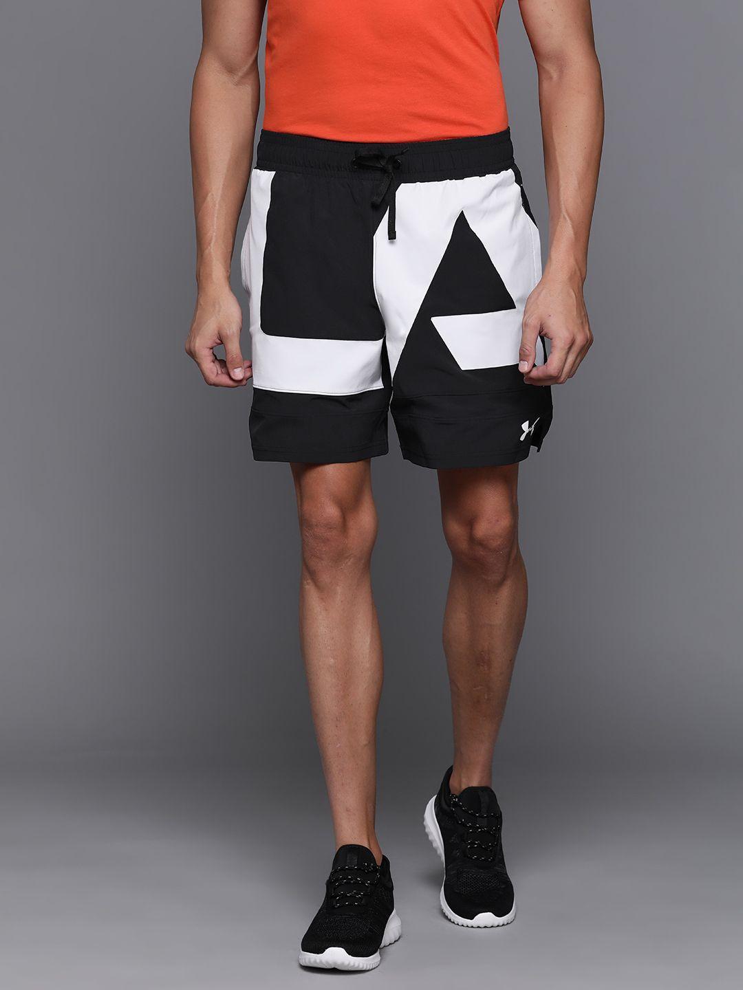 under armour men black & white colourblocked baseline woven sports shorts